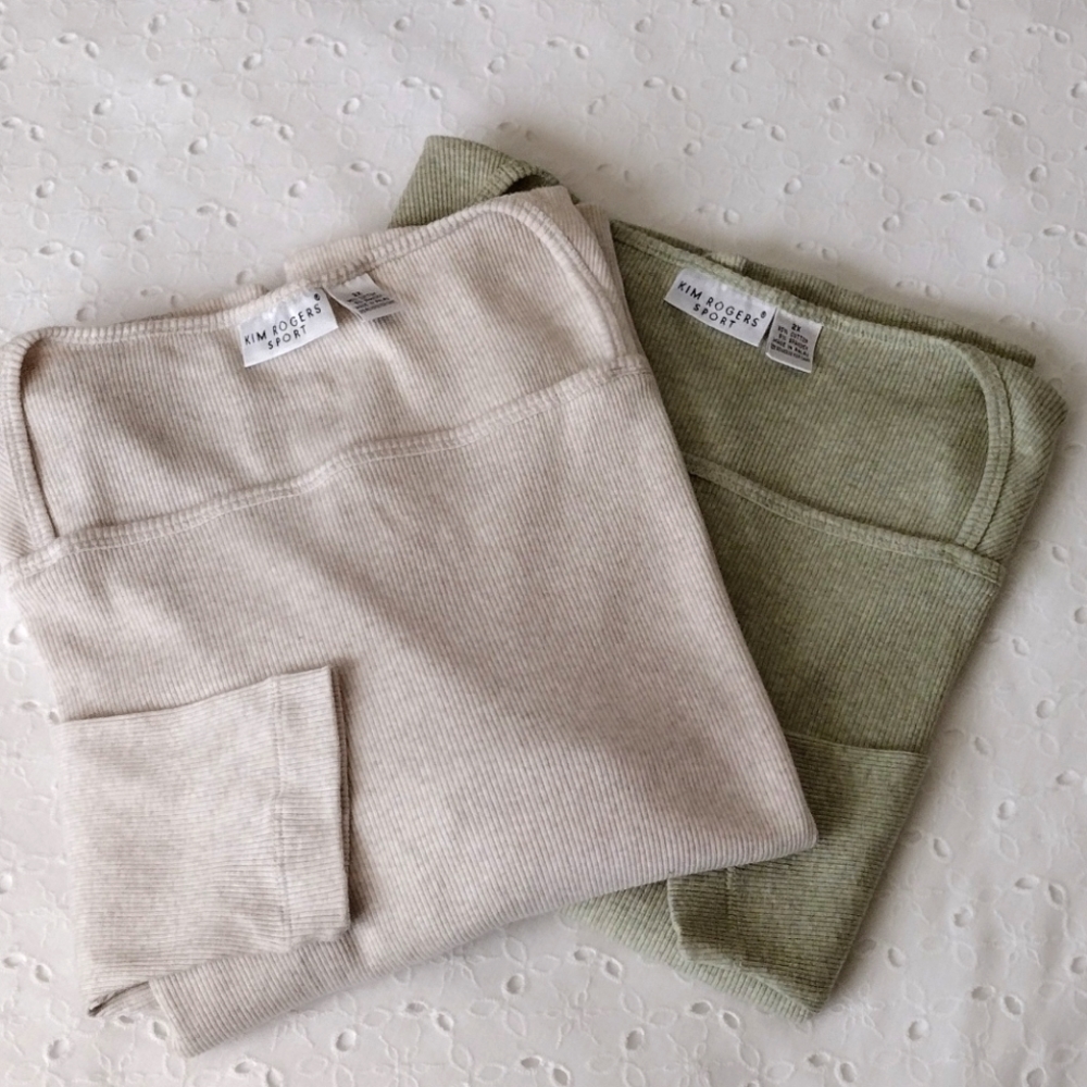 Two Long Sleeve Cotton Tees Plus Size Kim Rogers Sport Tan Green Size 2X